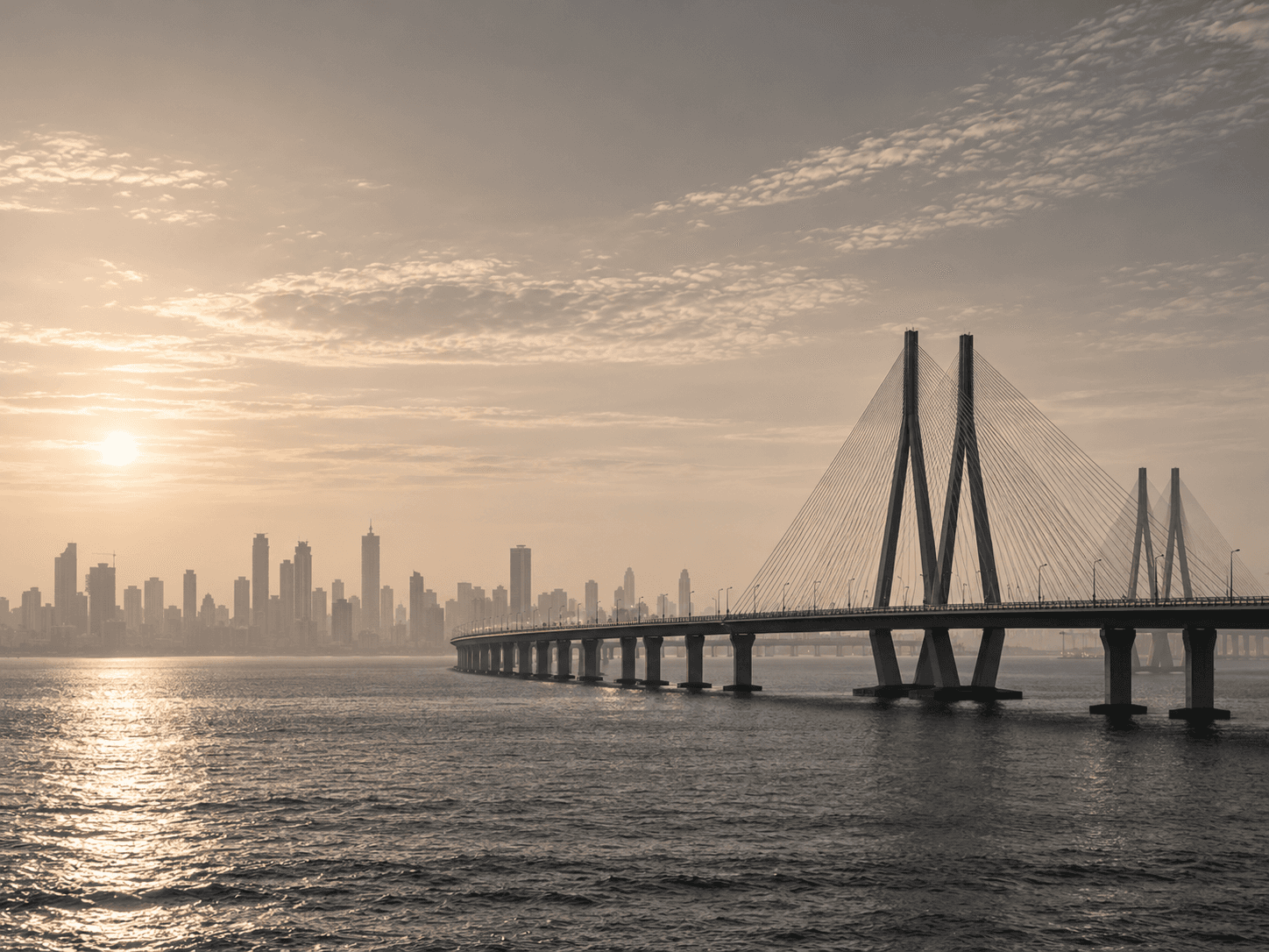 Bandra-Worli Sea Link and the Mumbai skyline at sunset
